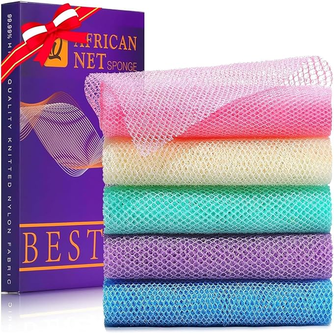 UJFQBH 5 Pieces African Bath Sponge African Net Long Net Bath Sponge Exfoliating Shower Body Scrubber Back Scrubber Skin Smoother,Great for Daily Use (Purple, Pink, Green, Blue, White) - Image 1